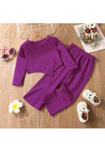 2pcs Toddler Girl Solid Color Slit Irregular Long-sleeve Waffle Tee and Flared Pants Set