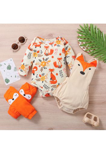 3pcs Baby Boy/Girl All Over Cartoon Fox Print Long-sleeve Romper and Corduroy Overall Shorts Set