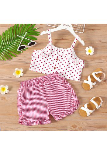 2-piece Kid Girl Polka dots Ruffled Button Design Camisole and Stripe Shorts Set