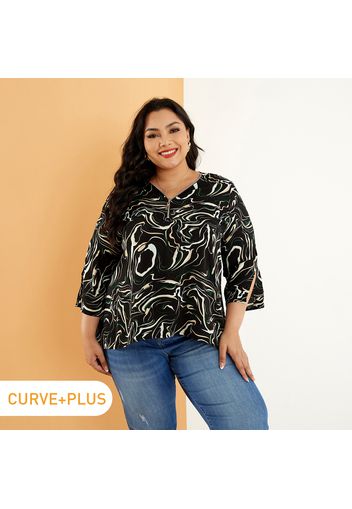 Women Plus Size Casual Allover Print V Neck Zipper Long-sleeve Tee