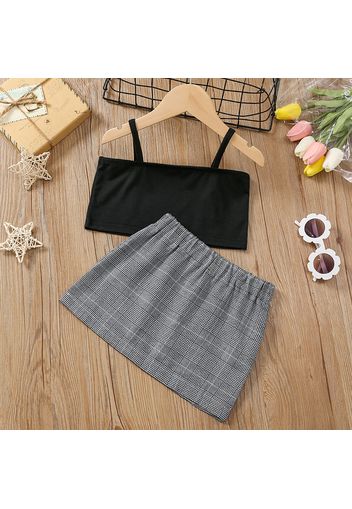 2pcs Toddler Girl Black Camisole Tue Top and Plaid Skirt Set