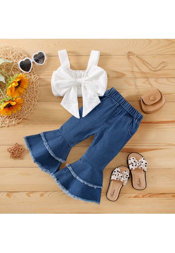 2pcs Baby Girl Eyelet Embroidered Bow Front Cami Crop Top and Frayed Raw Trim Denim Flared Pants Set