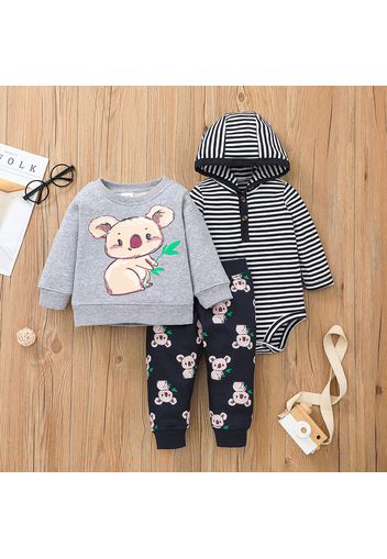 3pcs Bear and Stripe Long-sleeve Baby Set