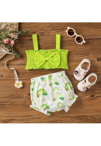 2pcs Baby Girl 95% Cotton Bow Front Shirred Camisole and Allover Avocado Print Shorts Set