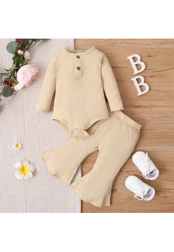 2pcs Baby Girl Solid Ribbed Long-sleeve Romper and Bell Bottom Pants Set