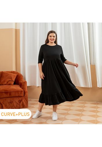 Women Plus Size Basics Round-collar Ruffle Hem Black Dress