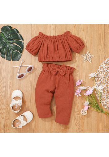 100% Cotton Crepe 2pcs Baby Girl Solid Off Shoulder Puff-sleeve Crop Top and Bowknot Pants Set