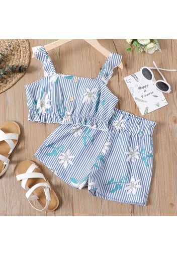 2-piece Kid Girl Floral Print Stripe Ruffle Hen Camisole and Paperbag Shorts Set