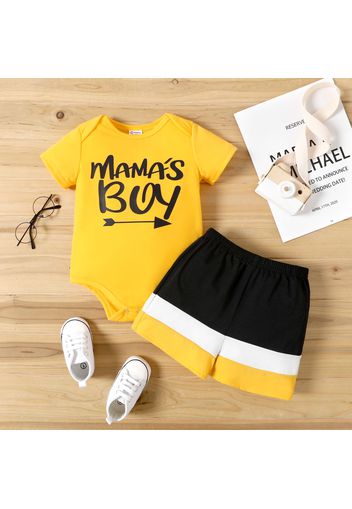 2pcs Baby Boy Letter Print Romper and Colorblock Shorts Set