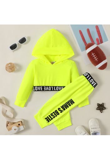 2pcs Baby Girl Letter Print Solid Crop Top Hoodie and Track Pants Set