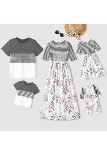 Cotton Plant Print Splice Stripe Half-sleeve Family Matching Light Grey Sets