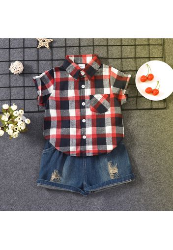 2pcs Toddler Boy Casual Ripped Denim Shorts and Plaid Shirt Set