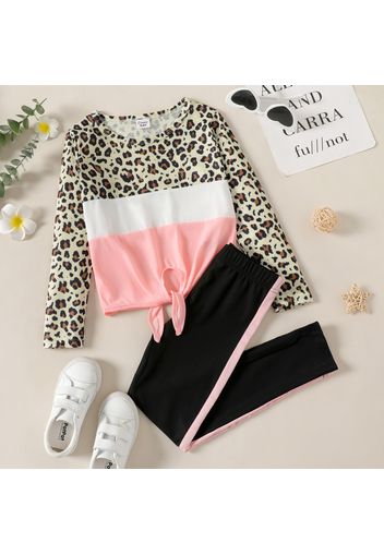 2-piece Kid Girl Leopard Print Colorblock Tie Knot Long-sleeve Tee and Pants Set