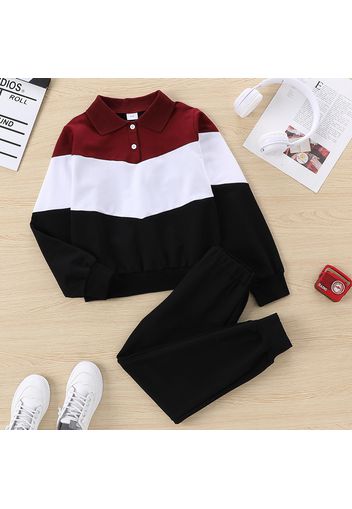 2-piece Kid Boy Colorblock Lapel Collar Button Design Sweatshirt and Black Pants Set