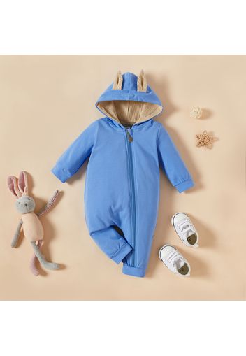 100% Cotton Color Block Hooded 3D Rabbit Ear Design Baby Jumpsuit