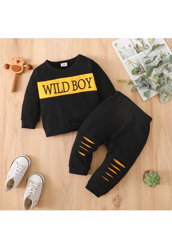 2pcs Baby Boy 95% Cotton Long-sleeve Letter Print Colorblock Sweatshirt and Ripped Sweatpants Set