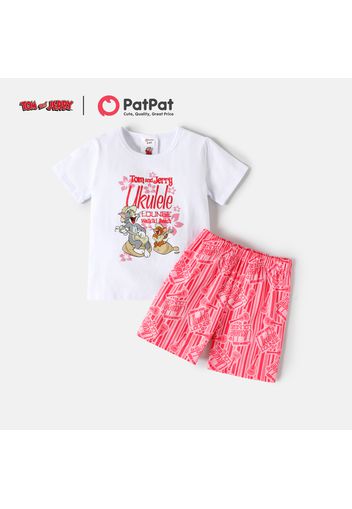 Tom and Jerry 2pcs Toddler Girl Letter Floral Print Short-sleeve Cotton Tee and Pink Stripe Shorts Set