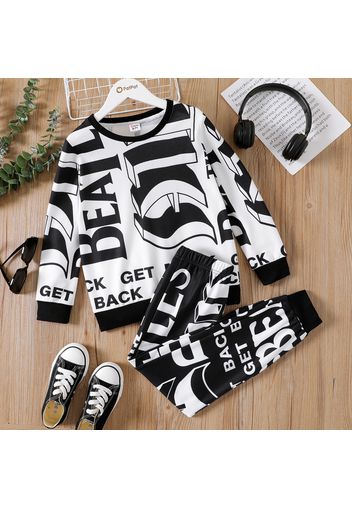 2pcs Kid Boy Letter Allover Print Long-sleeve Tee and Elasticized Pants Set