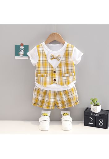 2pcs Toddler Boy Gentleman Suit, Plaid Faux-two Bow tie Design Top and Shorts Set