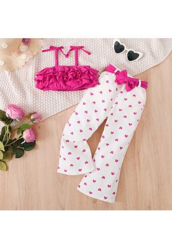 2pcs Toddler Girl 100% Cotton Ruffled Bowknot Design Pink Camisole and Heart Print Pants Set