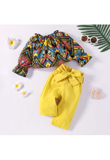 2pcs Baby Girl Allover Boho Print Long-sleeve Top and Solid Paperbag Waist Belted Pants Set