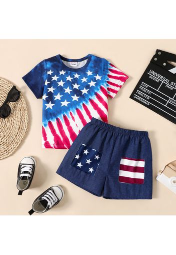 Independence Day 2pcs Baby Boy Stars Striped Tie Dye Short-sleeve T-shirt and Shorts Set