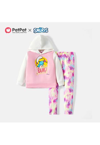 Smurfs  2-piece Kid Girl Letter Print Colorblock Hoodie Sweatshirt and Tie Dye Pants Set