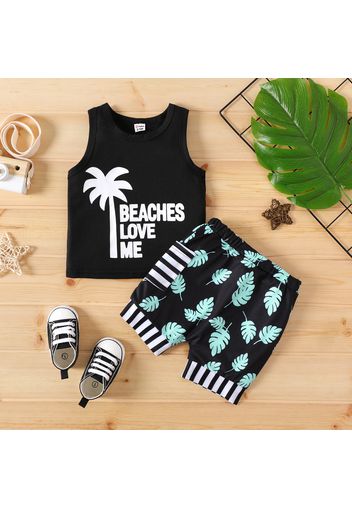 2pcs Baby Boy Letter Print Tank Top and All Over Tropical Plant Print Striped Shorts Set