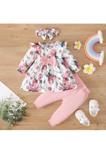 3pcs Baby All Over Pink Floral Print Ruffle Long-sleeve Top and Solid Trousers Set