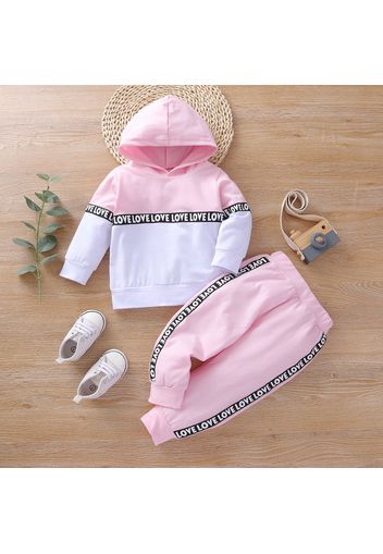 2pcs Letter Print Splice Color Block Hooded Long-sleeve Baby Set