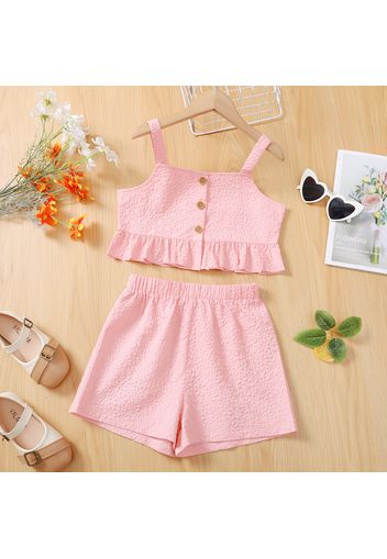 2-piece Kid Girl Button Design Ruffle Hem Camisole and Solid Color Shorts Set