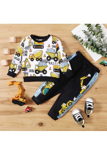 2pcs Baby Boy All Over Excavator and Letter Print Long-sleeve Sweatshirt with Trousers Set