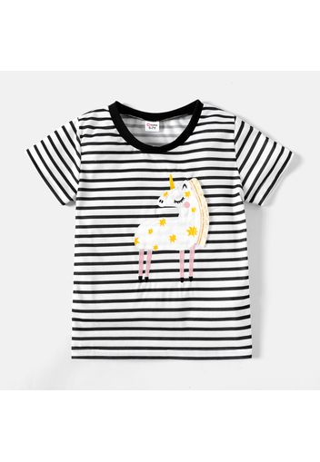 Kid Girl Unicorn Embroidered Stripe/Dark Pink Short-sleeve Tee