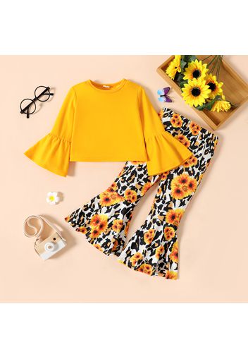 2pcs Toddler Girl Long Bell sleeves Yellow Tee and Floral Print Flared Pants Set