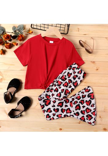 2-piece Kid Girl Twist Front Tee and Heart Print Flared Pants Set