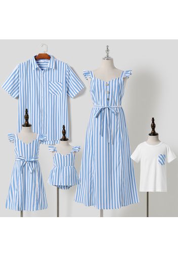 Blue and White Stripe Series Family Matching Sets(Sleeveless Dresses for Mom and Girl ; Short Sleeve Shirts for Dad and Boy)