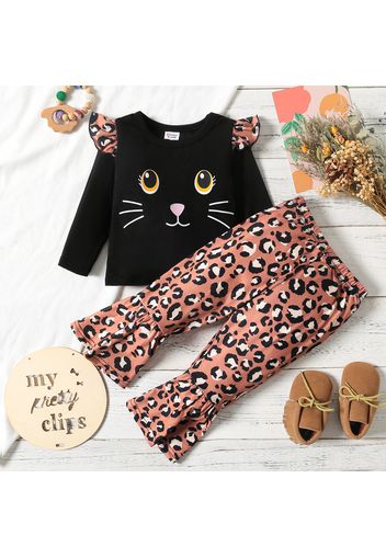 2pcs Baby Girl Cartoon Cat Print Black Long-sleeve T-shirt and Leopard Bell Bottom Pants Set