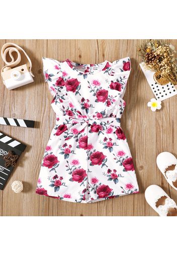 Toddler Girl Ruffled Floral Print/Burgundy Sleeveless Belted Romper Jumpsuit Shorts