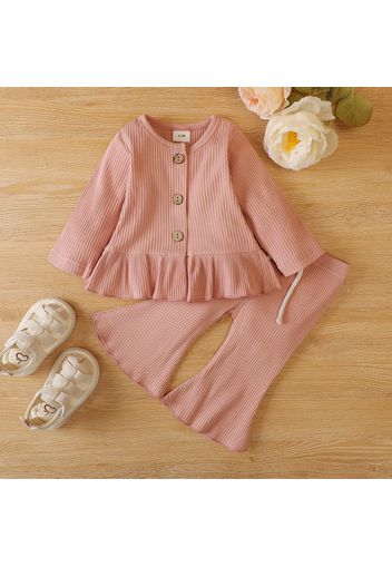 2pcs Baby Solid Ruffle Long-sleeve Button Down Ribbed Cotton Top and Bell Bottom Pants Set