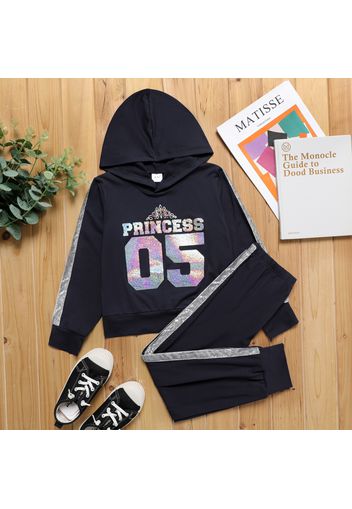 2-piece Kid Girl Laser Crown Letter Number Print Hoodie Sweatshirt and Side Glitter Design Pants Set