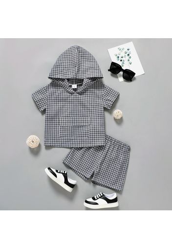 2pcs Toddler Boy Plaid Pocket Design Hooded Short-sleeve Tee and Elasticized Shorts Set