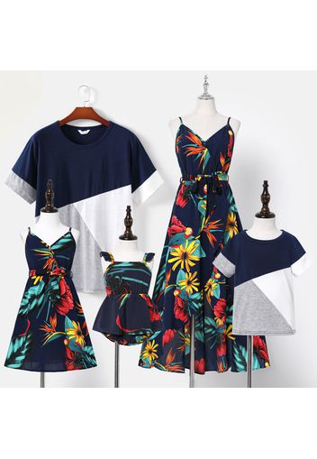 Family Matching Floral Print V Neck Spaghetti Strap Midi Dresses and Colorblock Short-sleeve T-shirts Sets