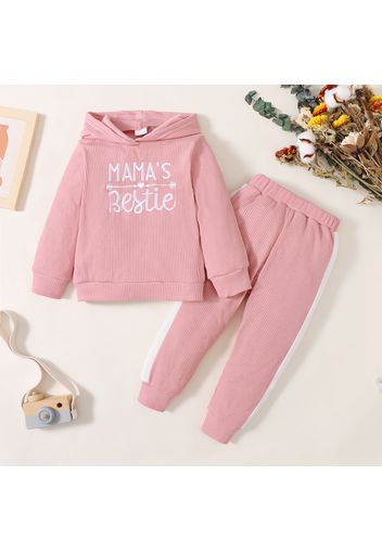 2-piece Toddler Girl Letter Embroidered Ribbed Pink Hoodie Sweatshirt and Elasticized Pants Set