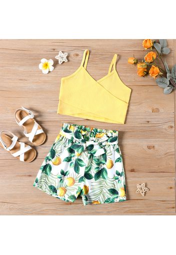 2-piece Kid Girl Solid Color Ribbed Camisole and Floral Print Shorts Set