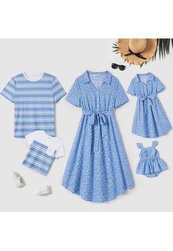 Family Matching Allover Love Heart Print V Neck Short-sleeve Belted Dresses and Short-sleeve Tops Sets