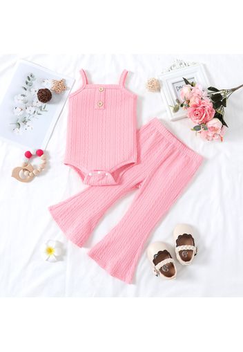 2pcs Baby Girl Solid Textured Spaghetti Strap Romper and Flared Pants Set