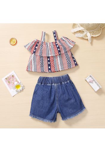 2-piece Toddler Girl Stripe Stars Print Flounce Camisole and Ripped Denim Shorts Set