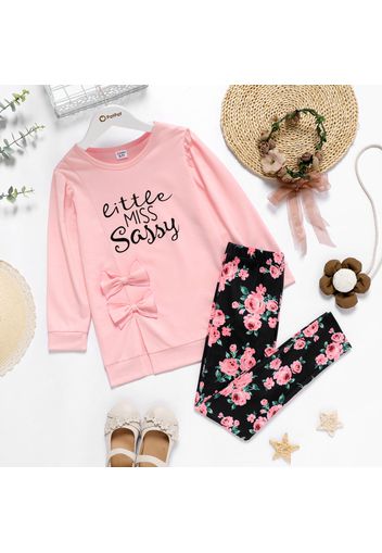 2-piece Kid Girl Letter Print Bowknot Design Side Slit Long-sleeve Pink Top and Floral Print Leggings Set