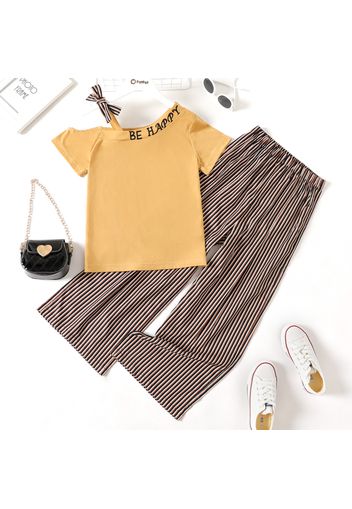 2-piece Kid Girl Letter Print One Shoulder Bowknot Strap Tee and Elasticized Stripe Wide Leg Pants Set