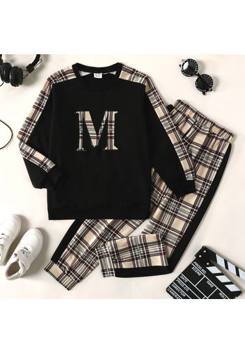 2-piece Kid Girl Letter Print Plaid Colorblock Pullover Sweatshirt and Pants Casual Set